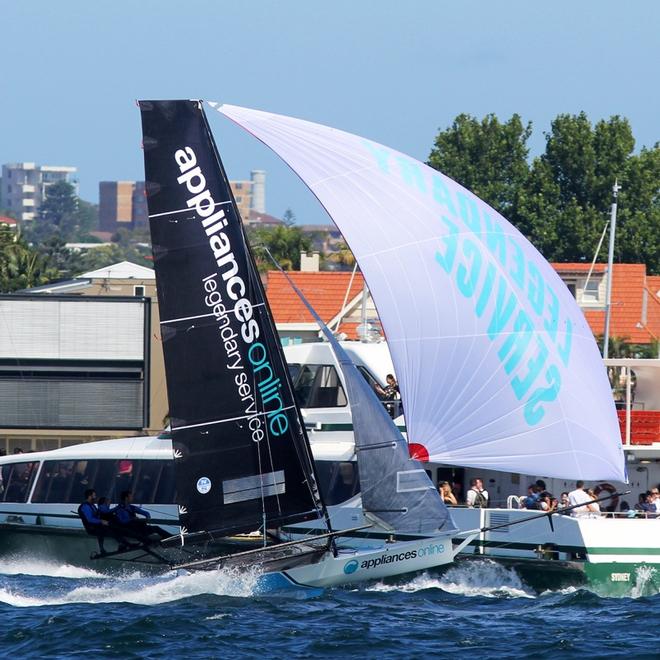 Race 1 – Appliancesonline pulls behind a passenger ferry on the run to the wing mark in Rose Bay – 18ft Skiffs NSW Championship ©  Frank Quealey / Australian 18 Footers League